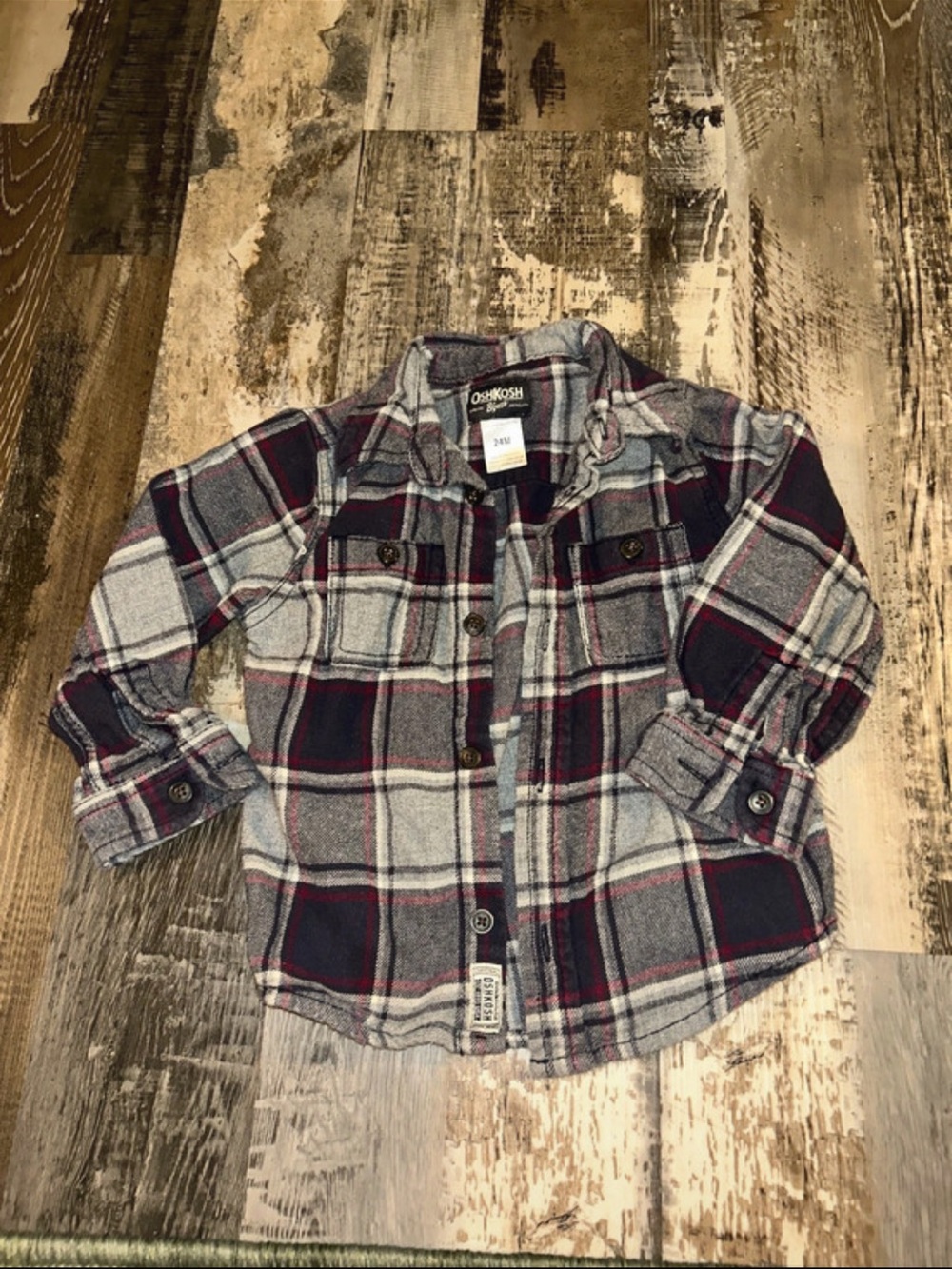 OshKosh B'gosh Navy, Gray & Red Plaid Button-Down Shirt